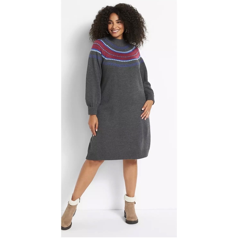 Lane Bryant Gray Fair Isle Mock Neck Sweater Dress Plus Size 22 24